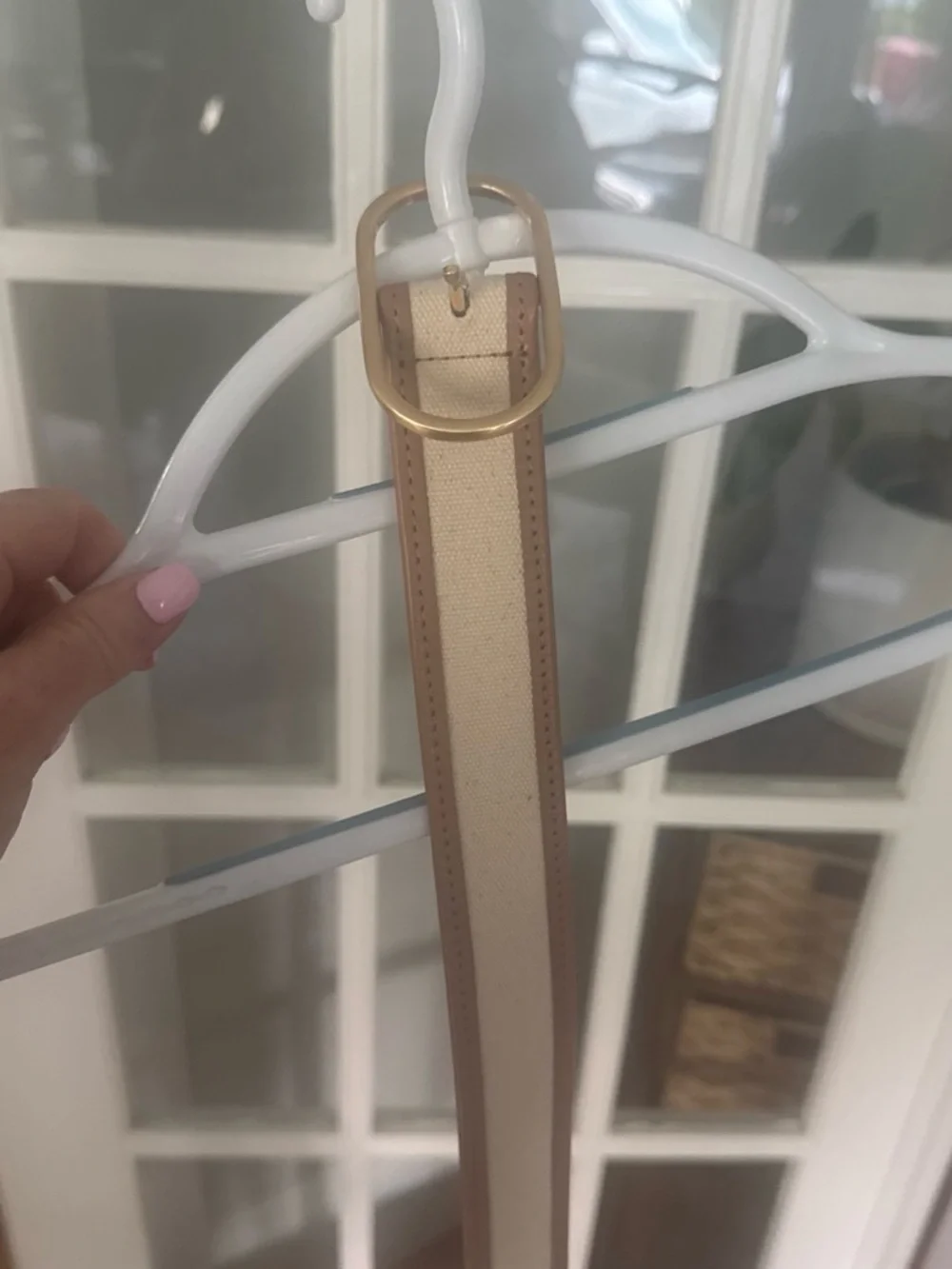 Vineyard Vines Tan Leather-Trim Canvas Belt with Pink Whale